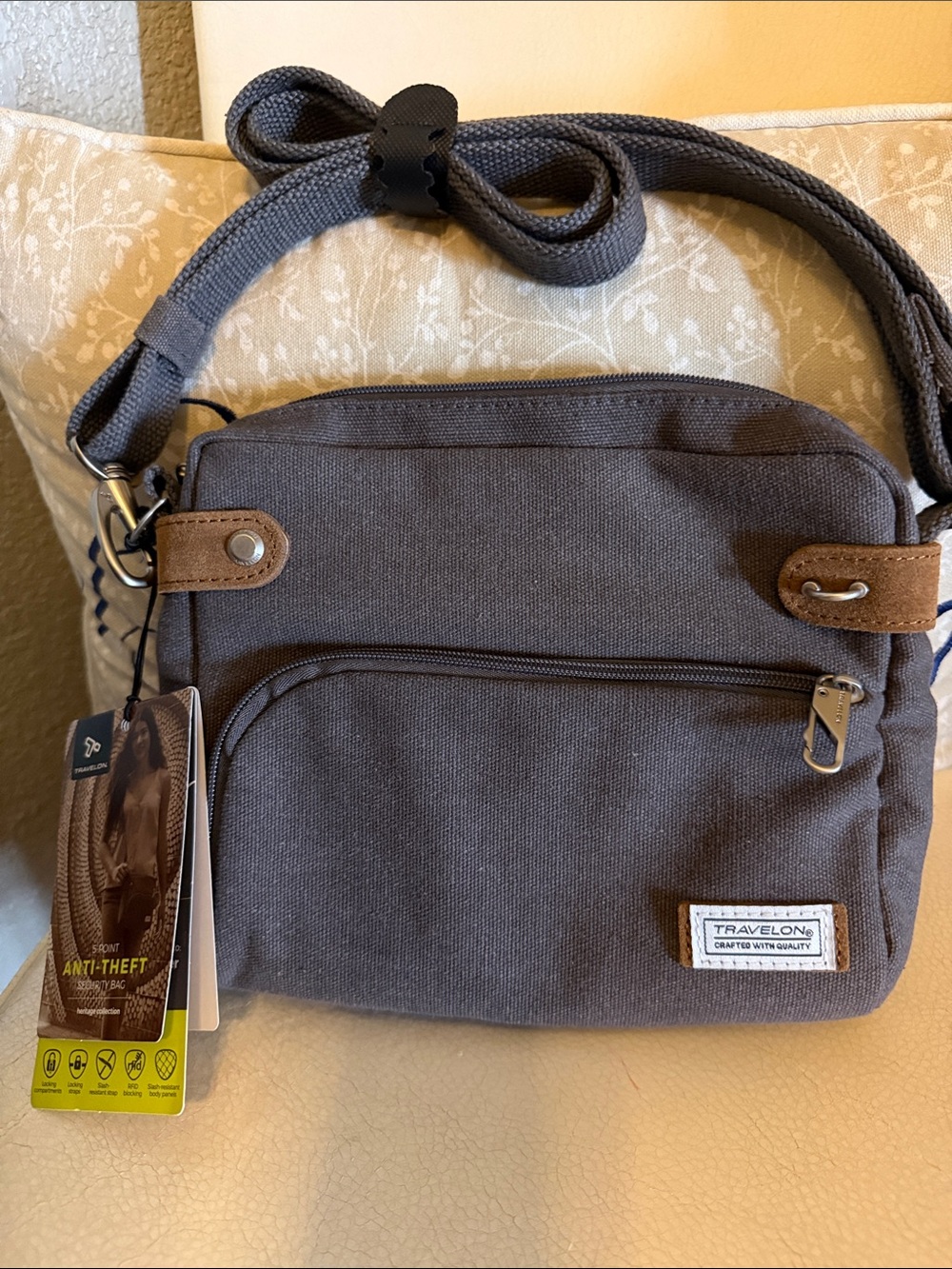 Travelon Anti-Theft Heritage Brown Gray Canvas Crossbody Messenger Bag